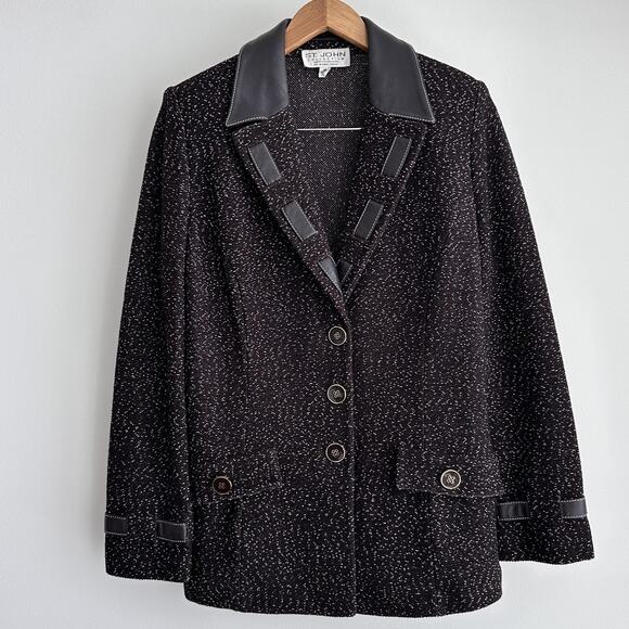 St John Collection Blazer Womens 12 Boucle Knit Button Front Leather Trim Jacket - Picture 1 of 10